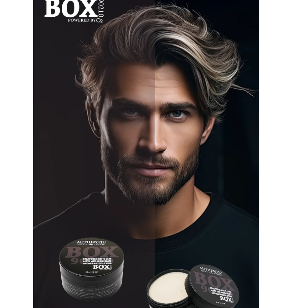 Man with styled hair and 'BOX' men's grooming products on a dark background