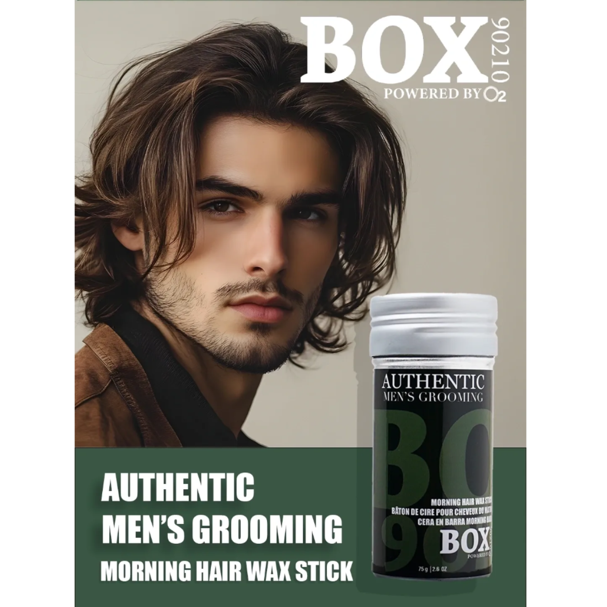 Advertisement for a men's grooming product with a man and the product packaging.