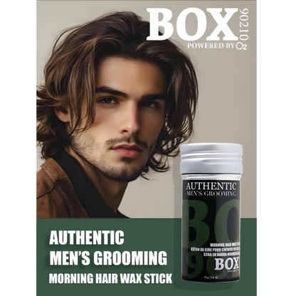 Advertisement for a men's grooming product with a man and the product packaging.