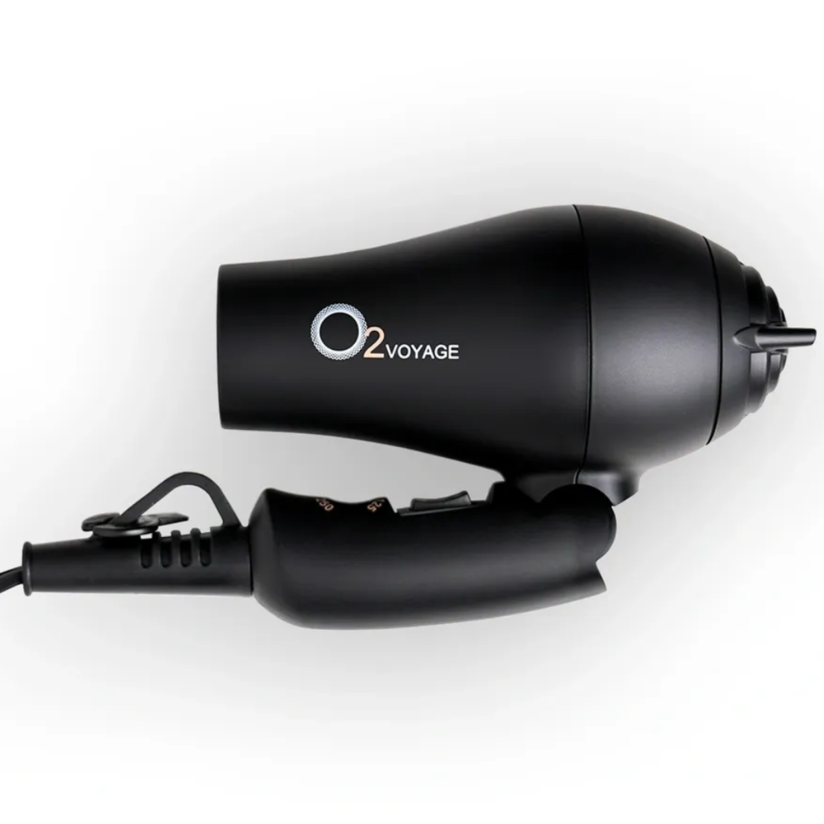 Black hair dryer with 'O2 Voyage' branding on a white background