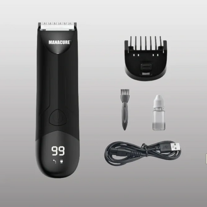 Black hair trimmer with accessories on a gray background