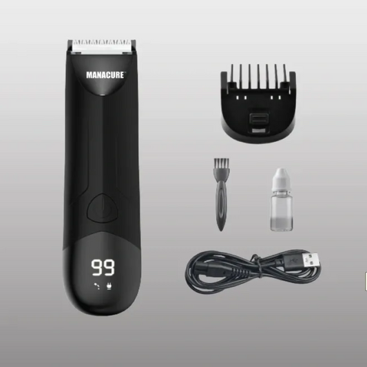 Black hair trimmer with accessories on a gray background