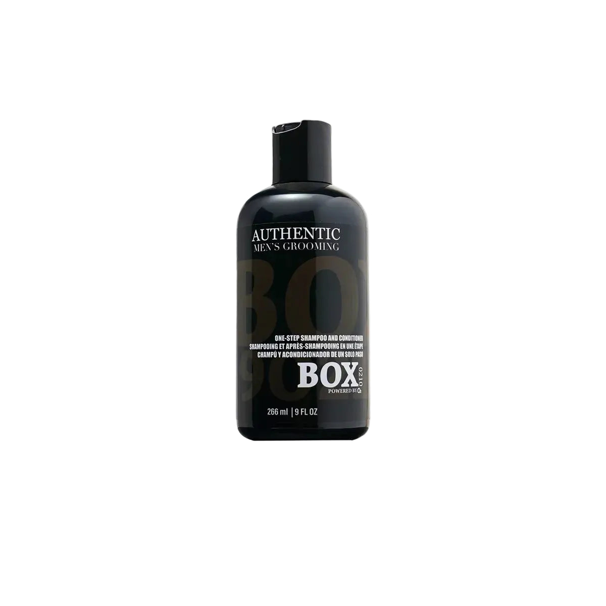 Black bottle of 'BOX' grooming product on a white background
