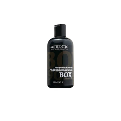 Black bottle of 'BOX' grooming product on a white background