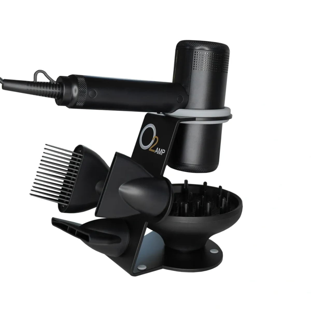 Black hair dryer with multiple attachments on a white background