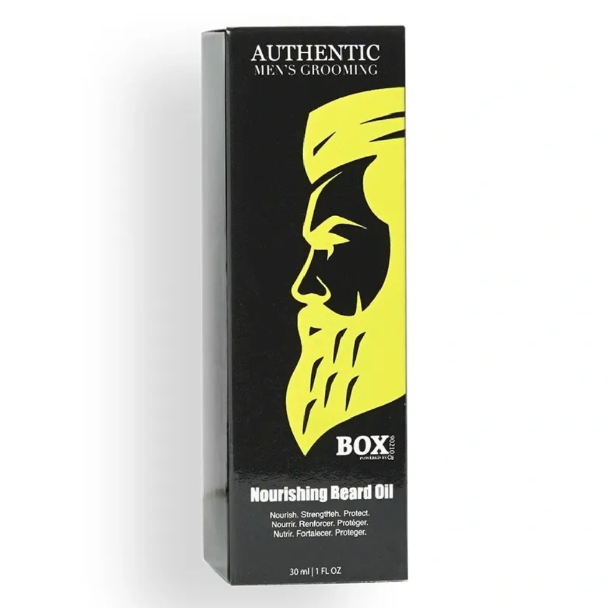 Box of Authentic Men's Grooming Nourishing Beard Oil with a stylized face design on a white background