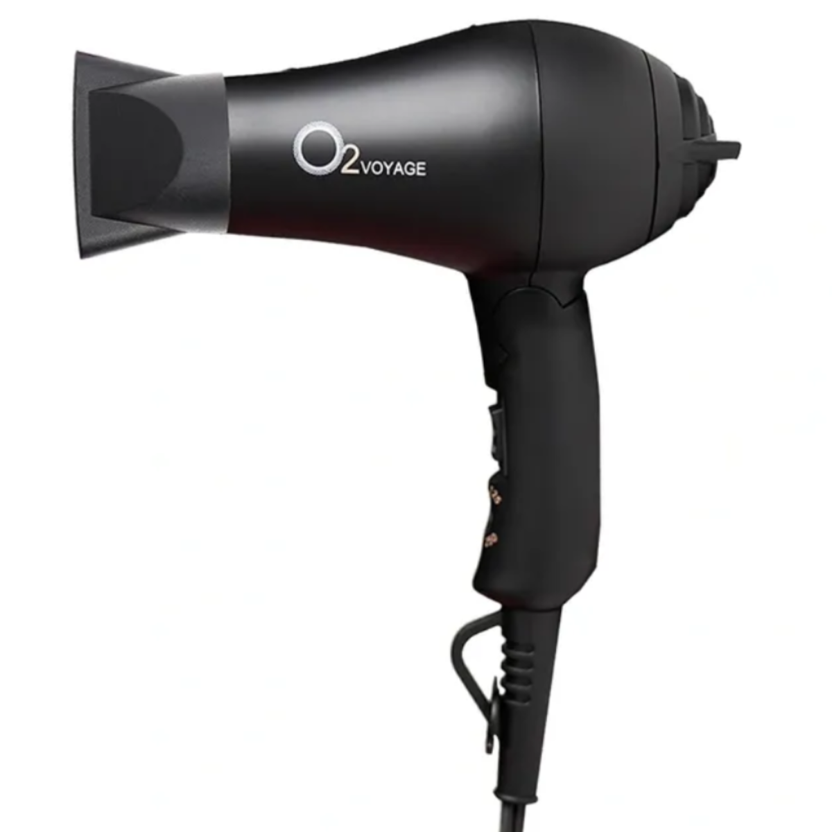 Black hair dryer with 'O2' branding on a white background