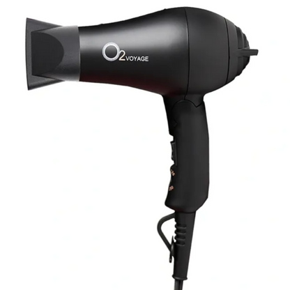 Black hair dryer with 'O2' branding on a white background