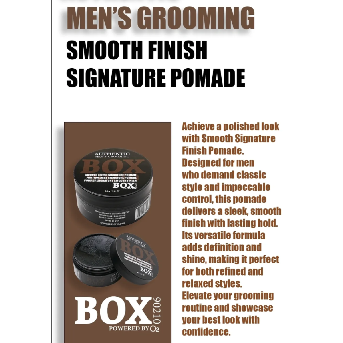 Advertisement for Authentic Men's Grooming Smooth Finish Signature Pomade with product packaging and text.
