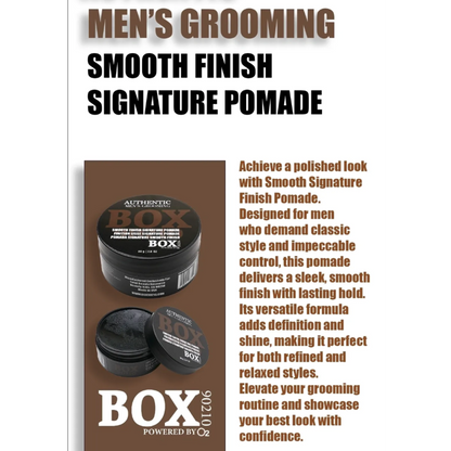 Advertisement for Authentic Men's Grooming Smooth Finish Signature Pomade with product packaging and text.