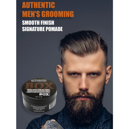 Advertisement for men's grooming product with a man and pomade containers.