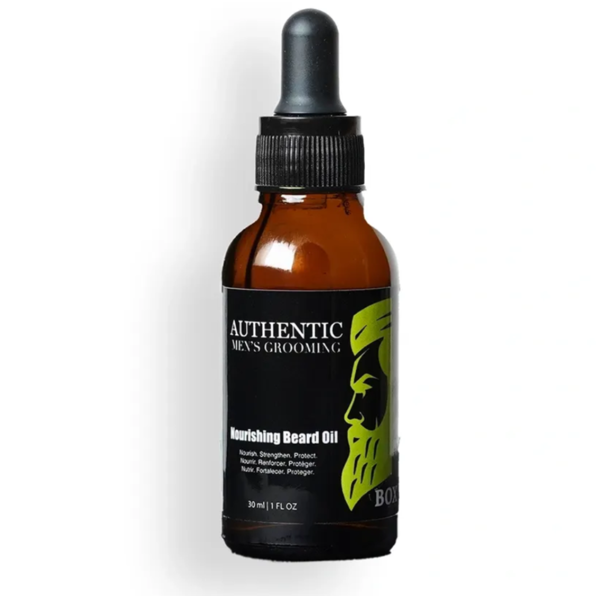 Bottle of Authentic Men's Grooming beard oil with dropper on a white background