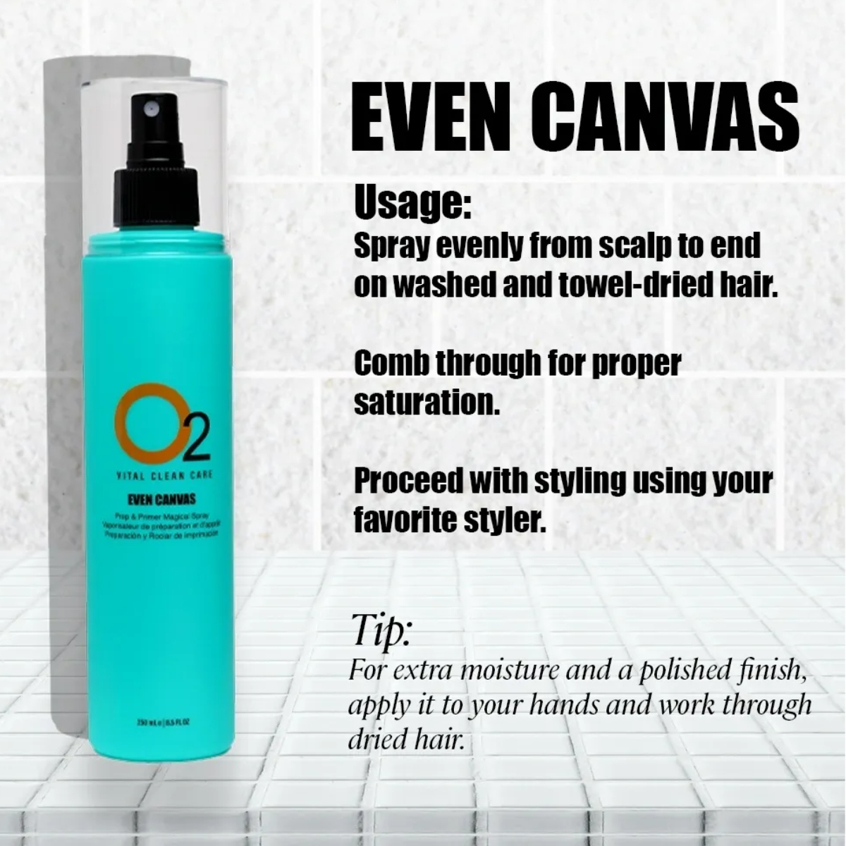 Turquoise spray bottle with black nozzle on a white grid background, featuring product usage instructions.