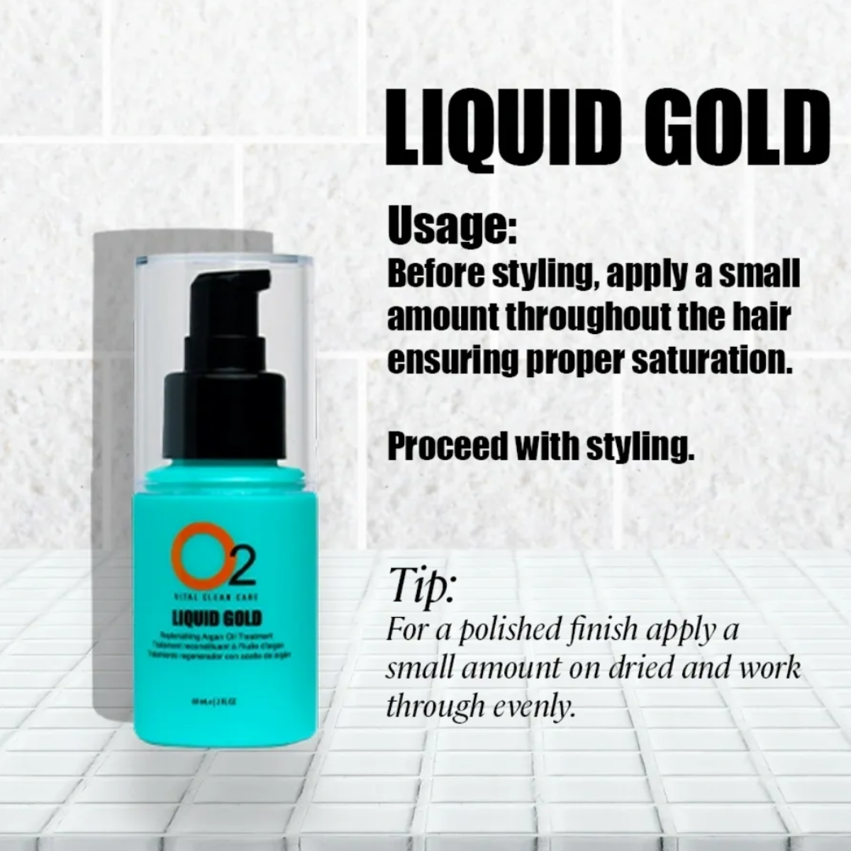 Blue bottle labeled 'O2 Liquid Gold' on a textured white background with usage instructions.