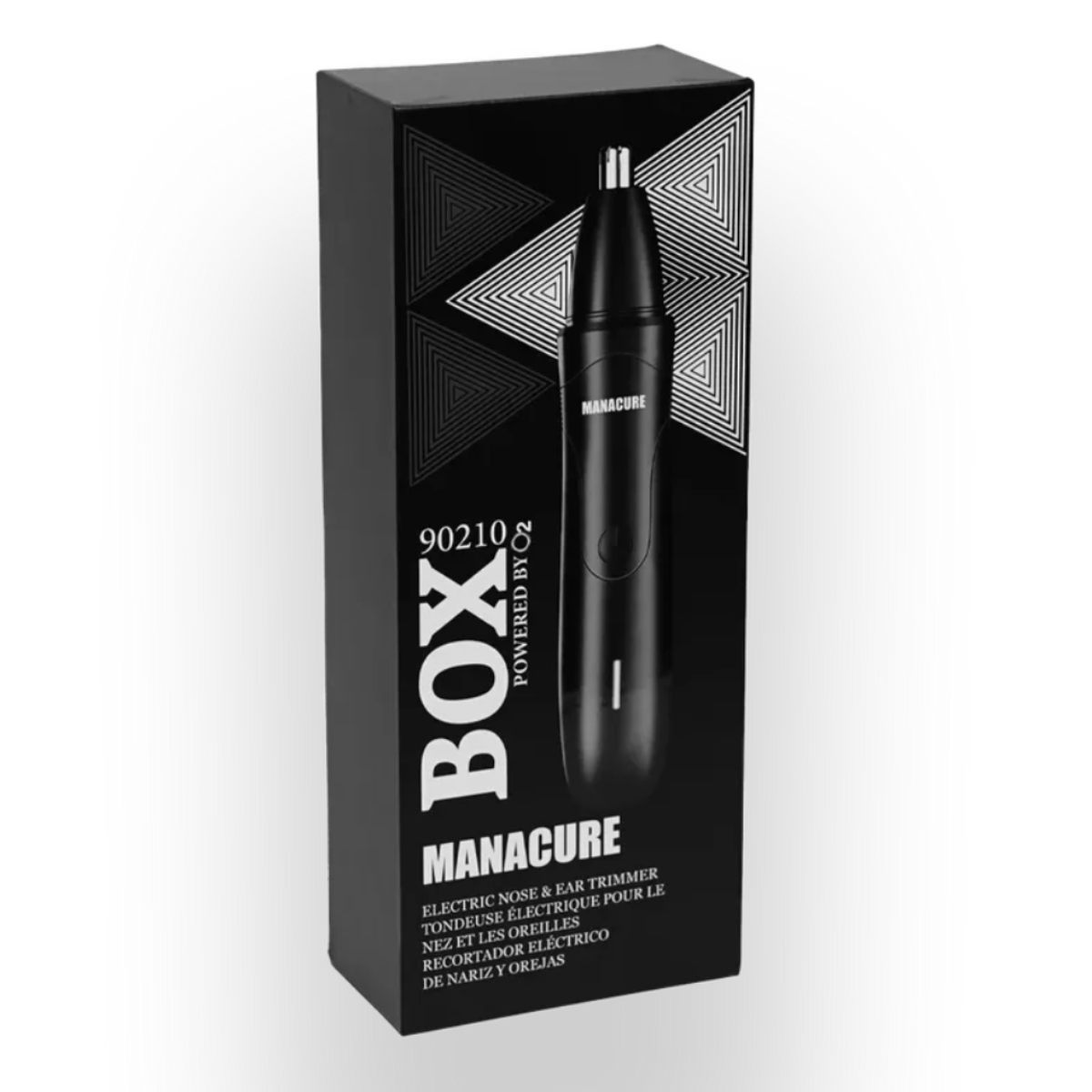 Black packaging box for a manicure tool with brand name 'BOX' on a white background