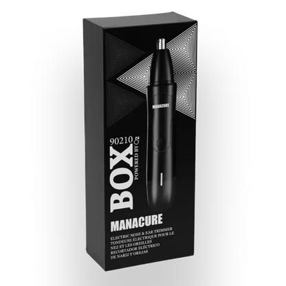 Black packaging box for a manicure tool with brand name 'BOX' on a white background