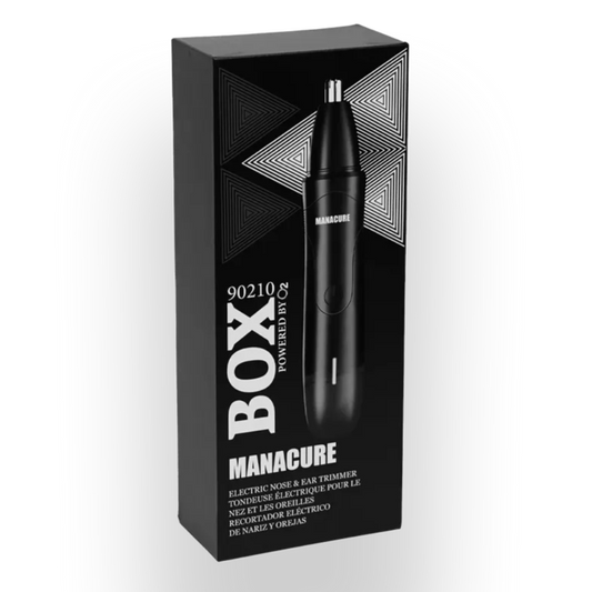 Black packaging box for a manicure tool with brand name 'BOX' on a white background