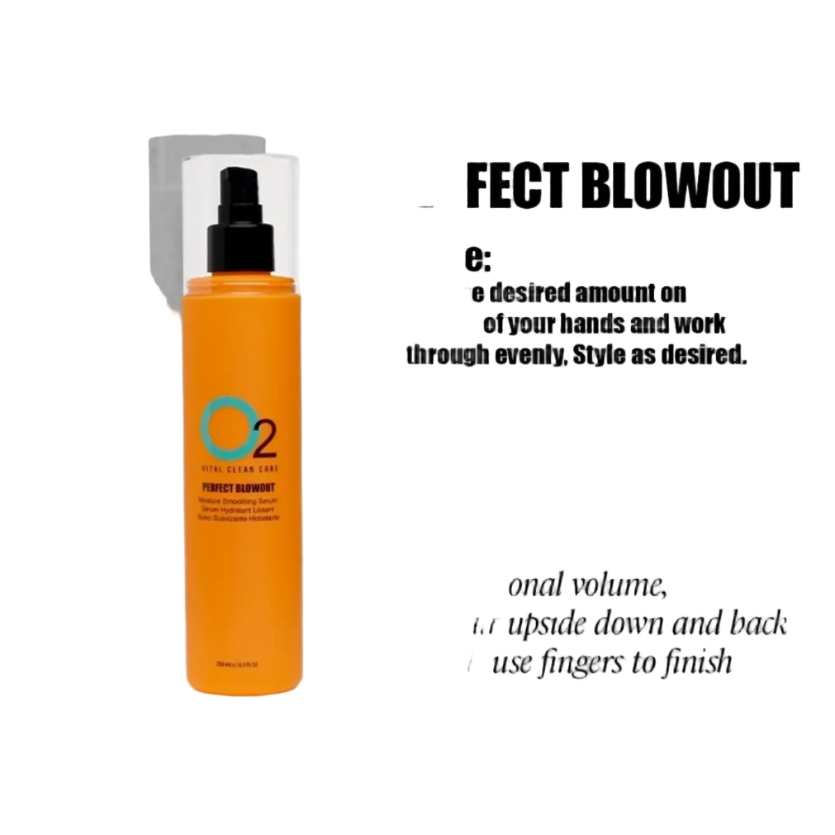 Orange bottle of O2 Perfect Blowout product on a textured white background