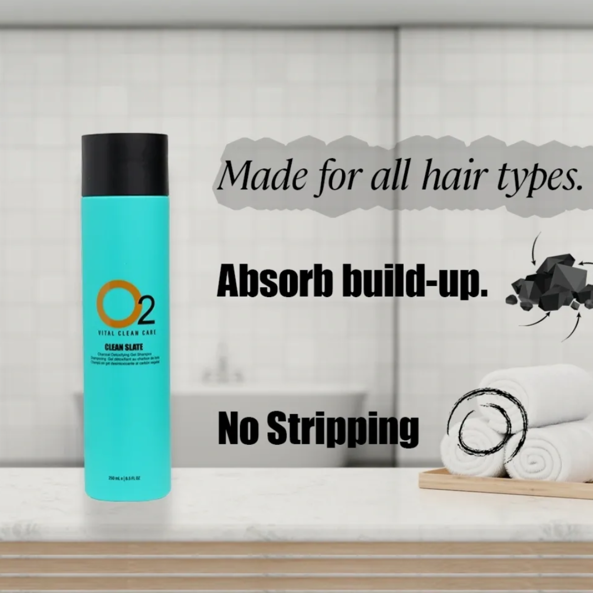 Blue bottle with black cap on a bathroom counter, text about hair care product.