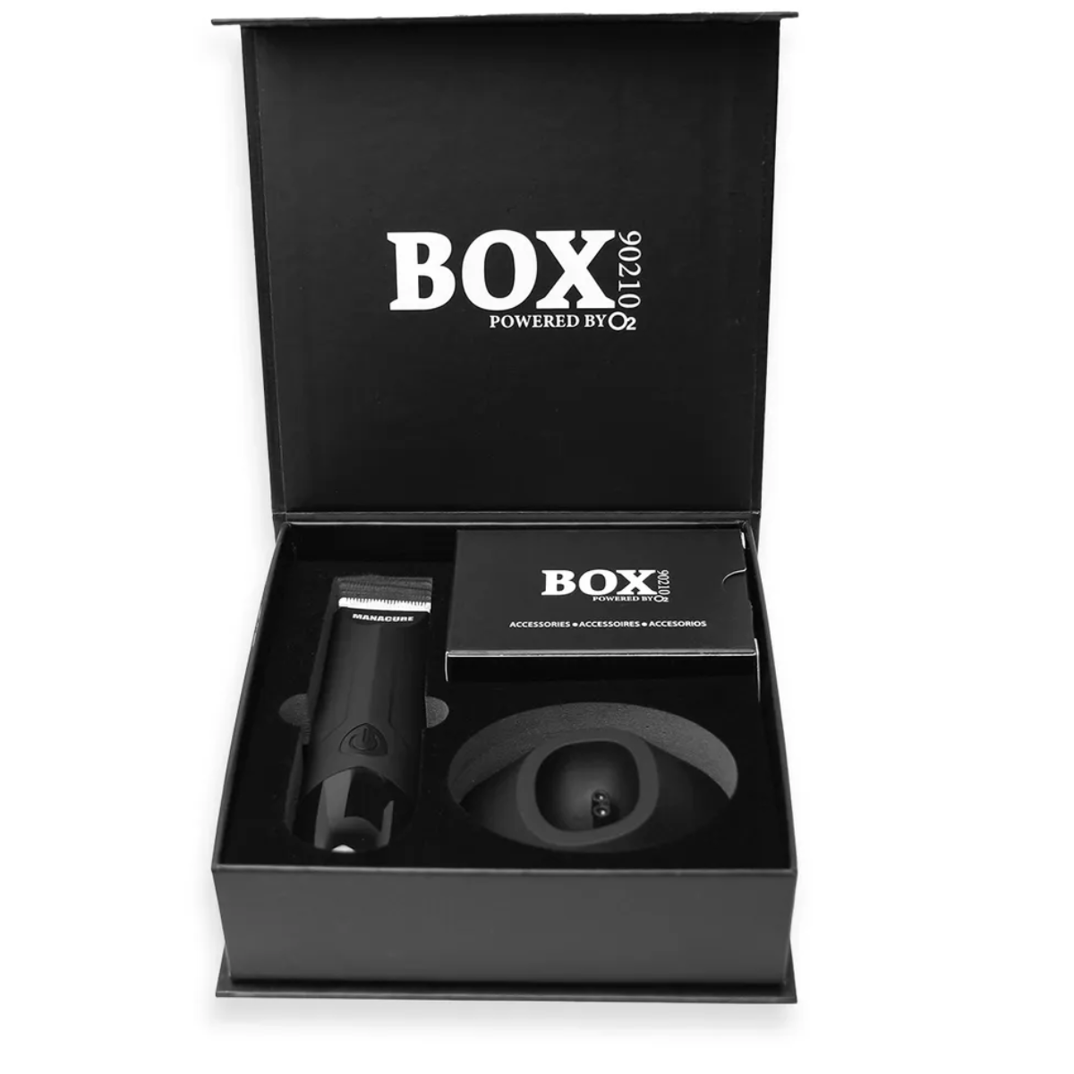 Black box with 'BOX' branding containing grooming products on a white background