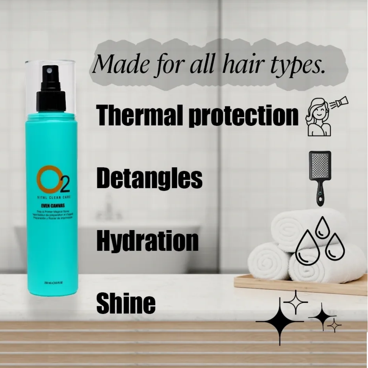 Blue hair care product bottle with text on a neutral background