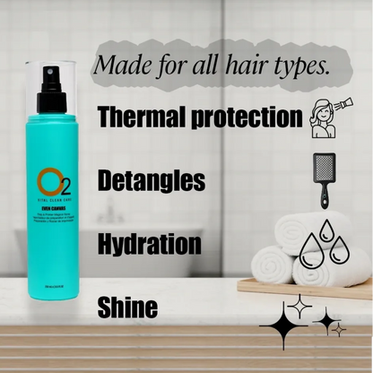 Blue hair care product bottle with text on a neutral background