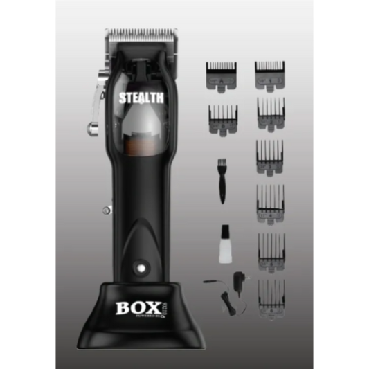 Black hair clipper with attachments on a gray background