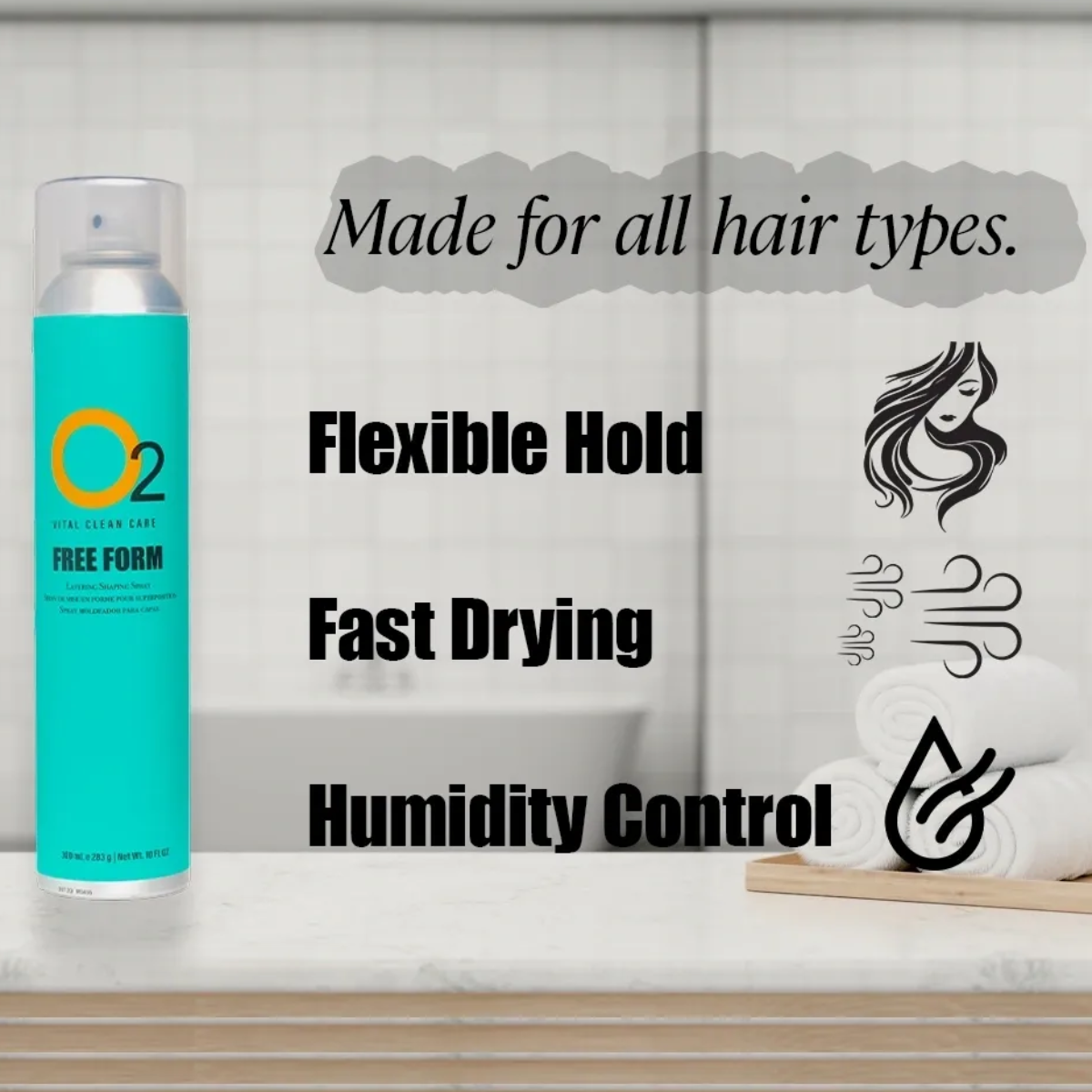 O2 Free Form hair spray can on a bathroom shelf with product features listed.