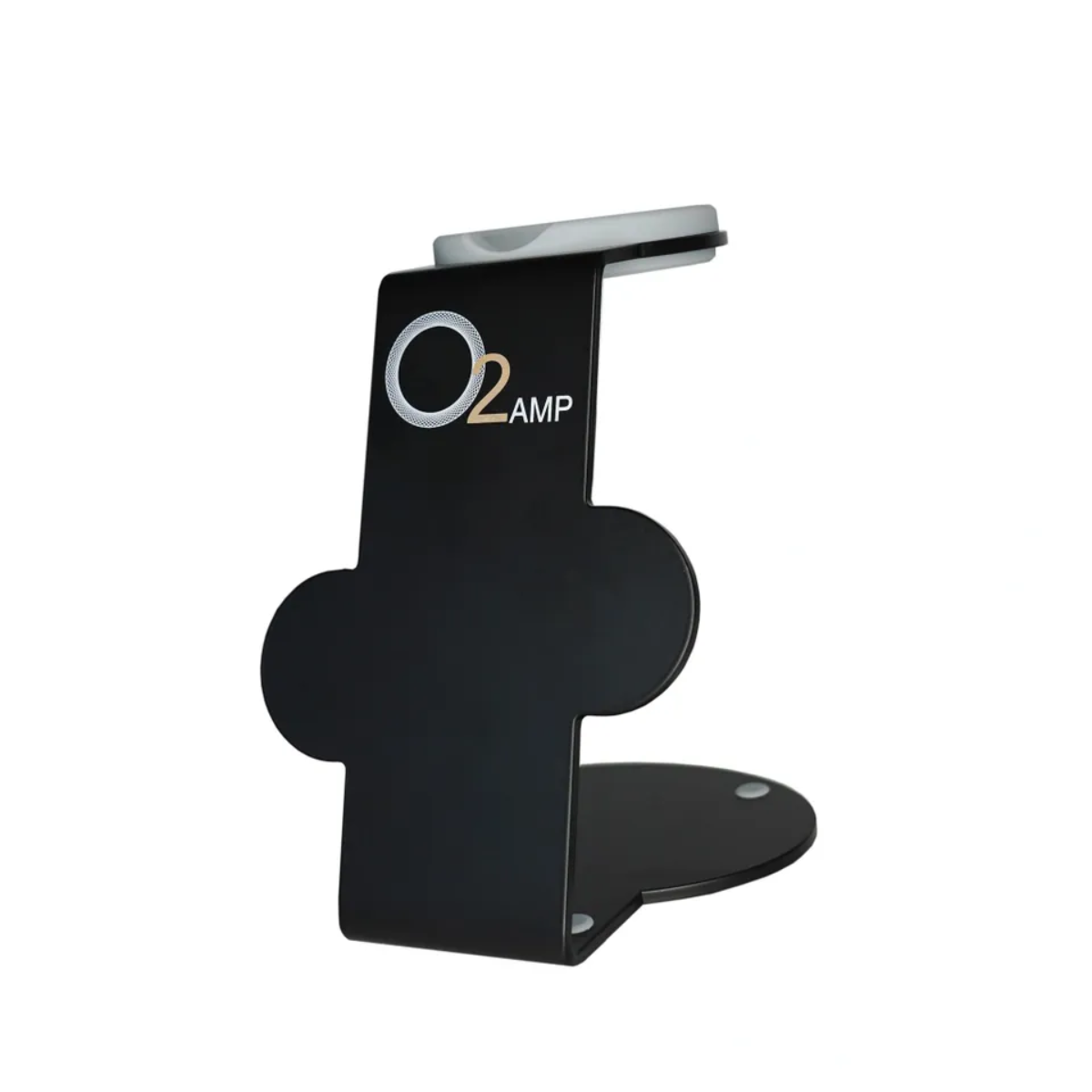 Black stand with 'O2AMP' logo on a white background