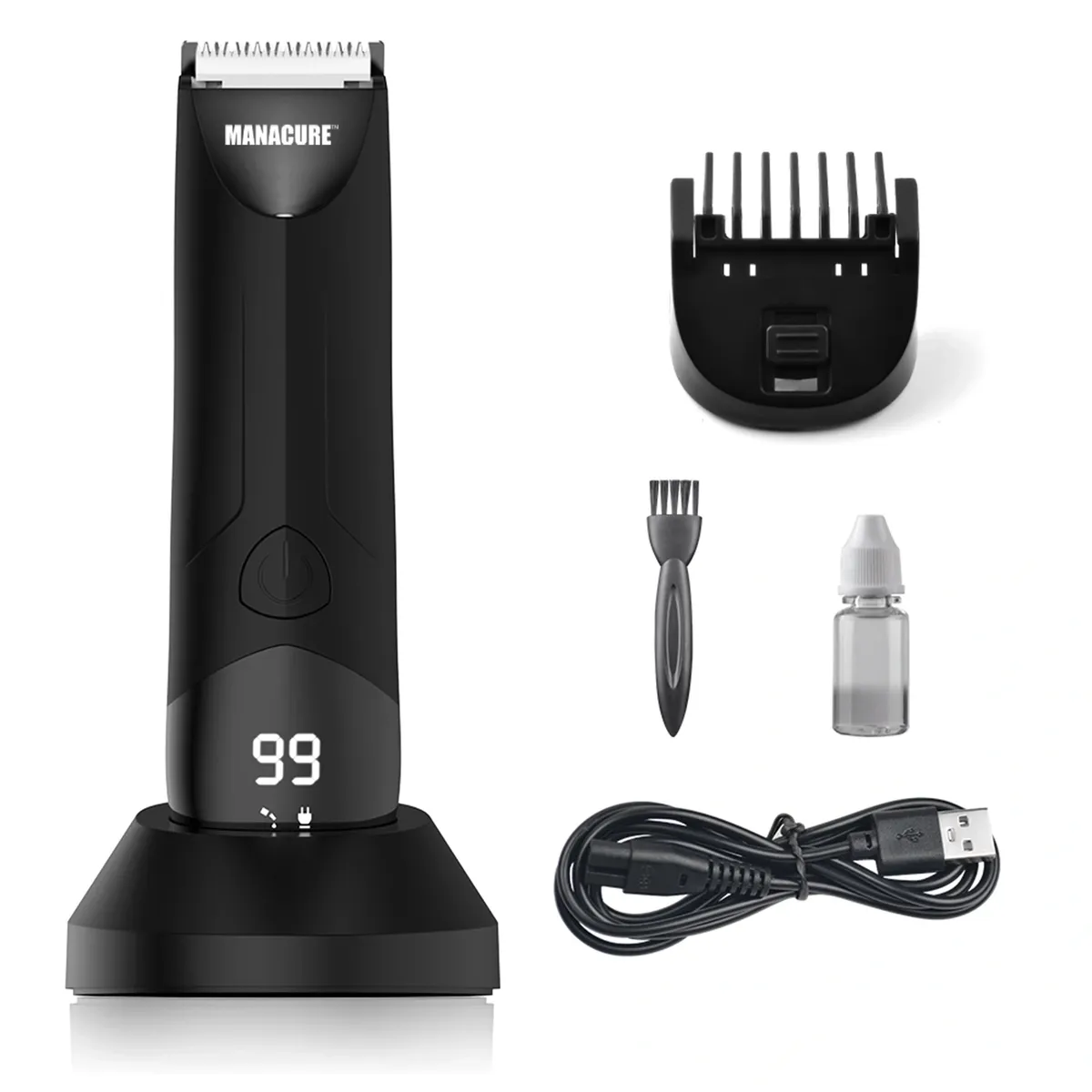 Black grooming kit with trimmer, attachments, and charging cable on a white background