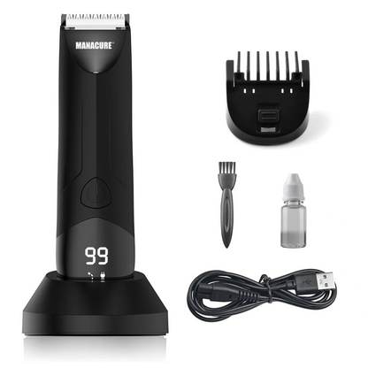 Black grooming kit with trimmer, attachments, and charging cable on a white background