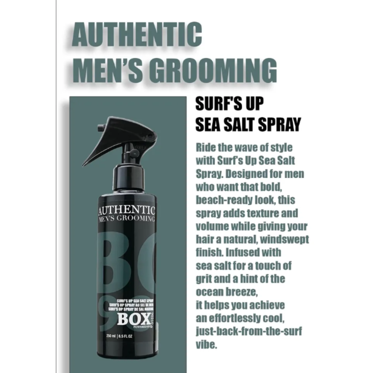 Advertisement for Box Authentic Men's Grooming Sea Salt Spray on a gray background